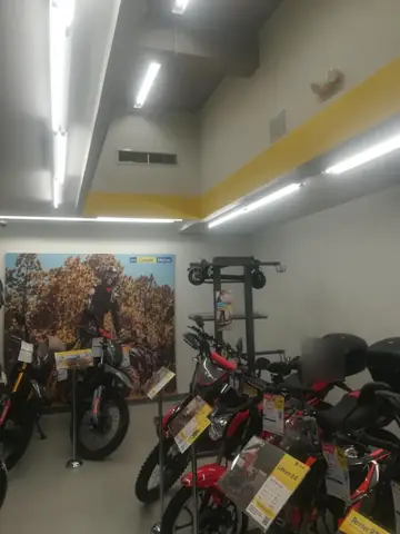 Exhibición de motocicletas con mural de fondo