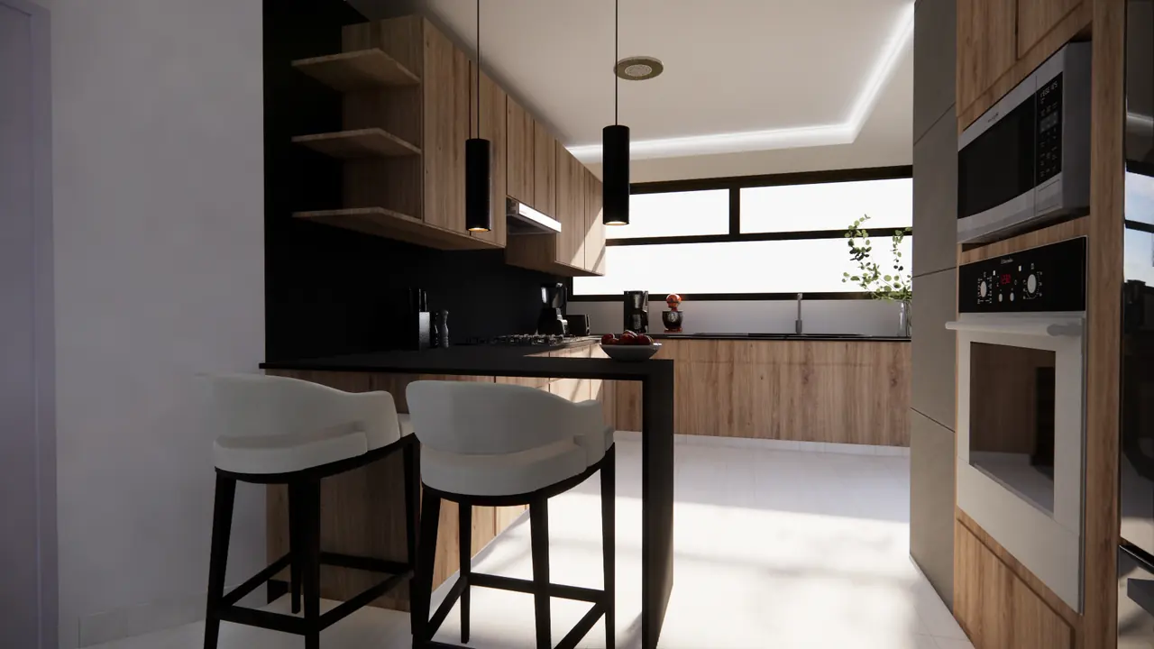 Render: barra con dos bancos y torre de horno y microondas empotrados