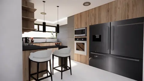 Render: barra, bancos y refrigerador negro de dos puertas