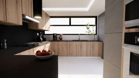 Render: estufa, campana y frutero sobre la cubierta oscura